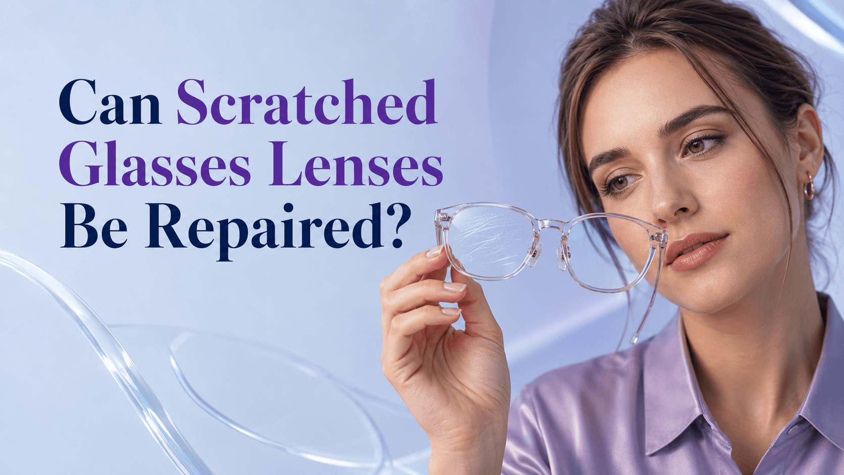 Close-up of scratched eyeglass lenses held up to light showing multiple surface scratches