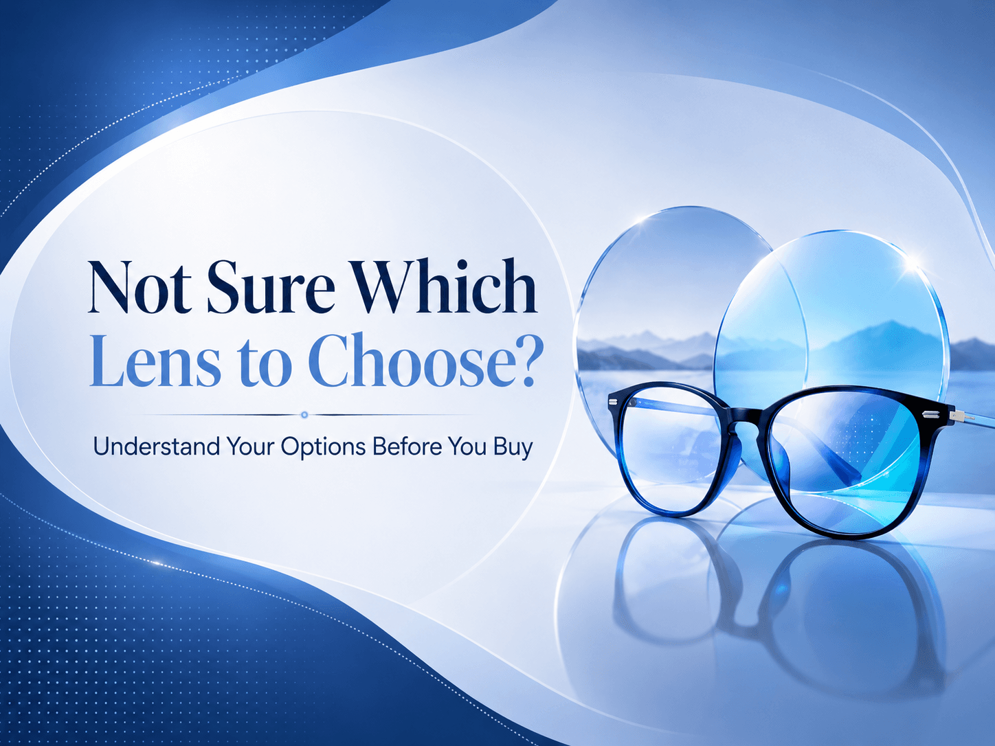 Collection of different eyeglass lens types and materials arranged on modern display