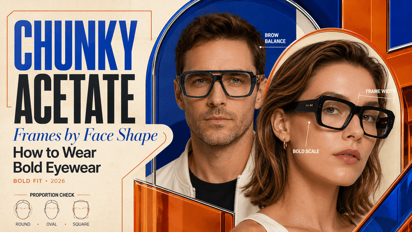Assortment of chunky acetate eyeglass frames in tortoiseshell, black, and coloured acetate arranged by face shape guide