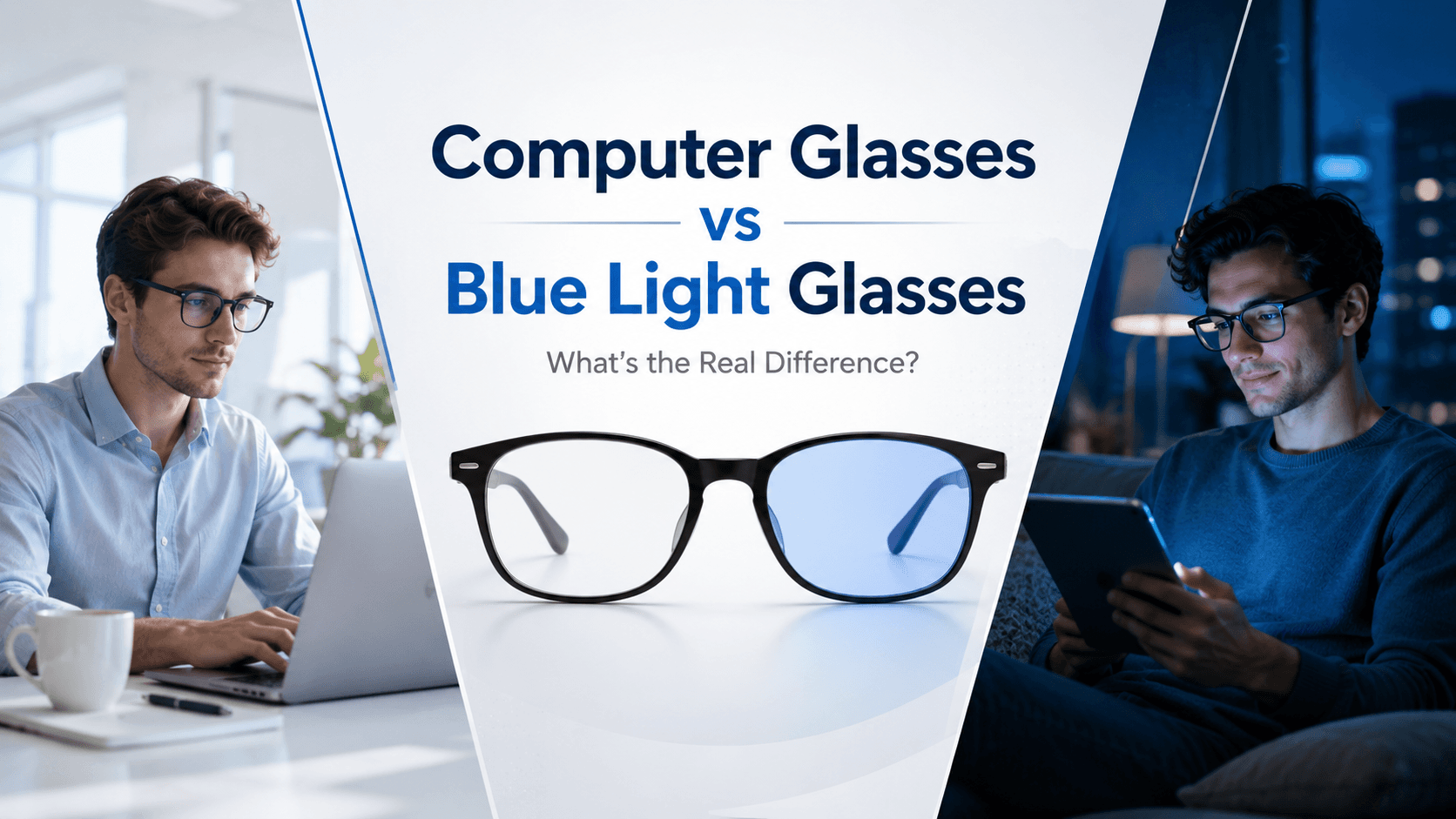 Side-by-side comparison of computer glasses and blue light glasses on a white desk with a laptop screen in the background