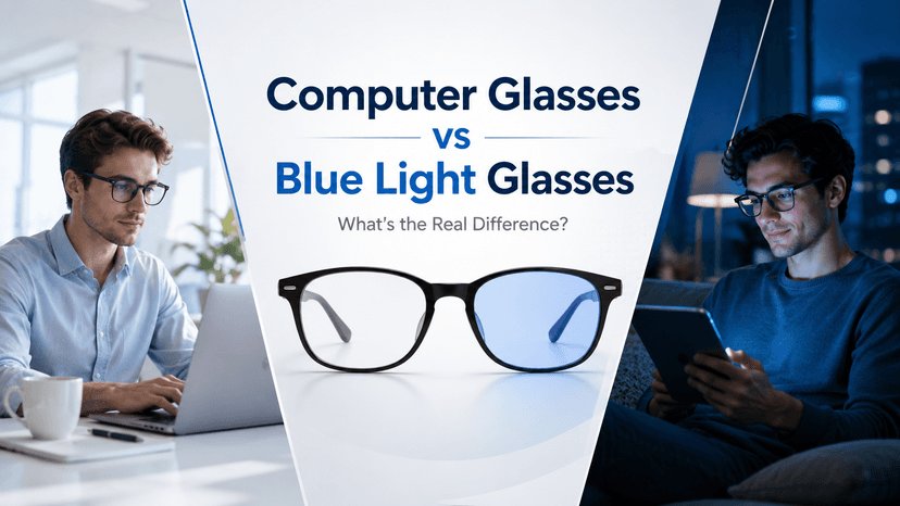 Side-by-side comparison of computer glasses and blue light glasses on a white desk with a laptop screen in the background