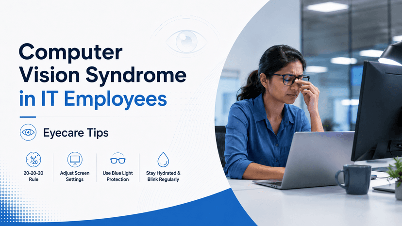 IT professional rubbing eyes in front of multiple computer screens showing signs of digital eye strain