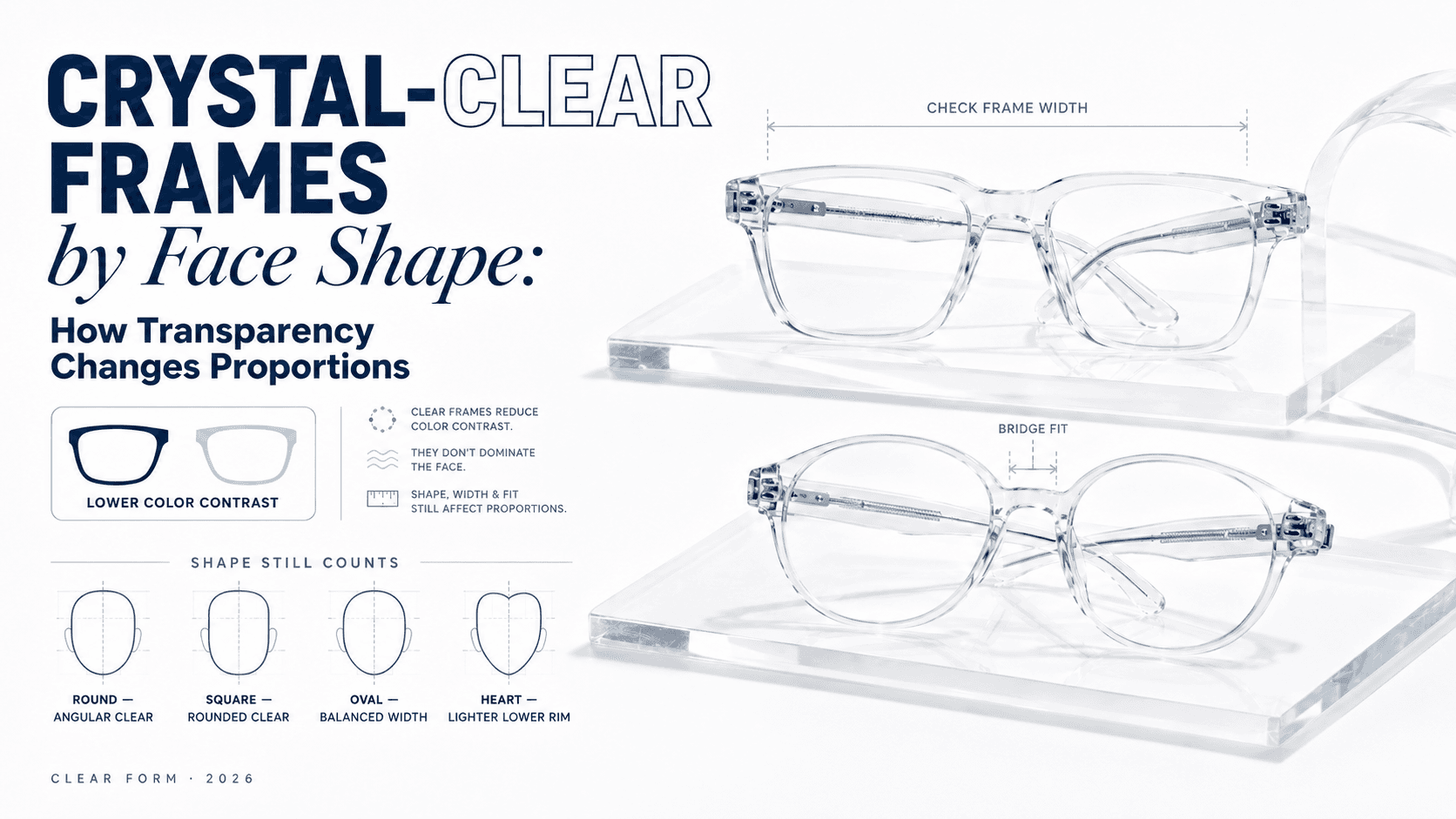 Assorted crystal-clear eyeglass frames arranged by face shape guide on a white background