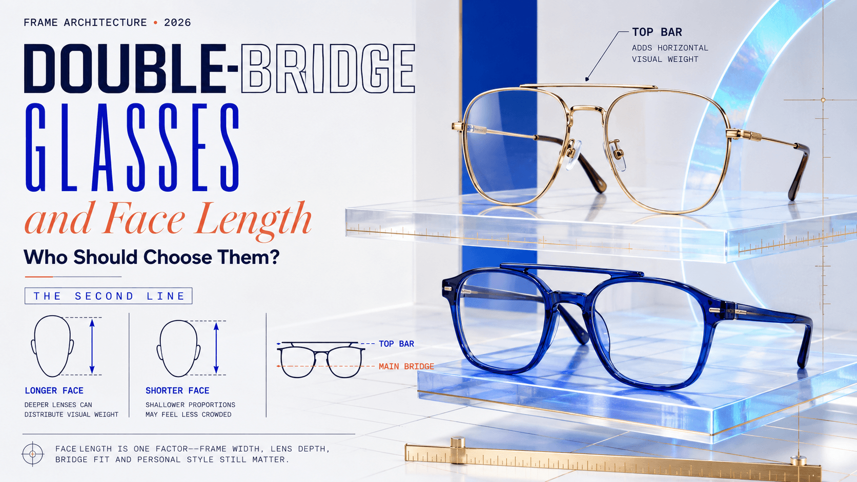 Person wearing metal double-bridge glasses showing how the dual bar frames flatter a long face shape