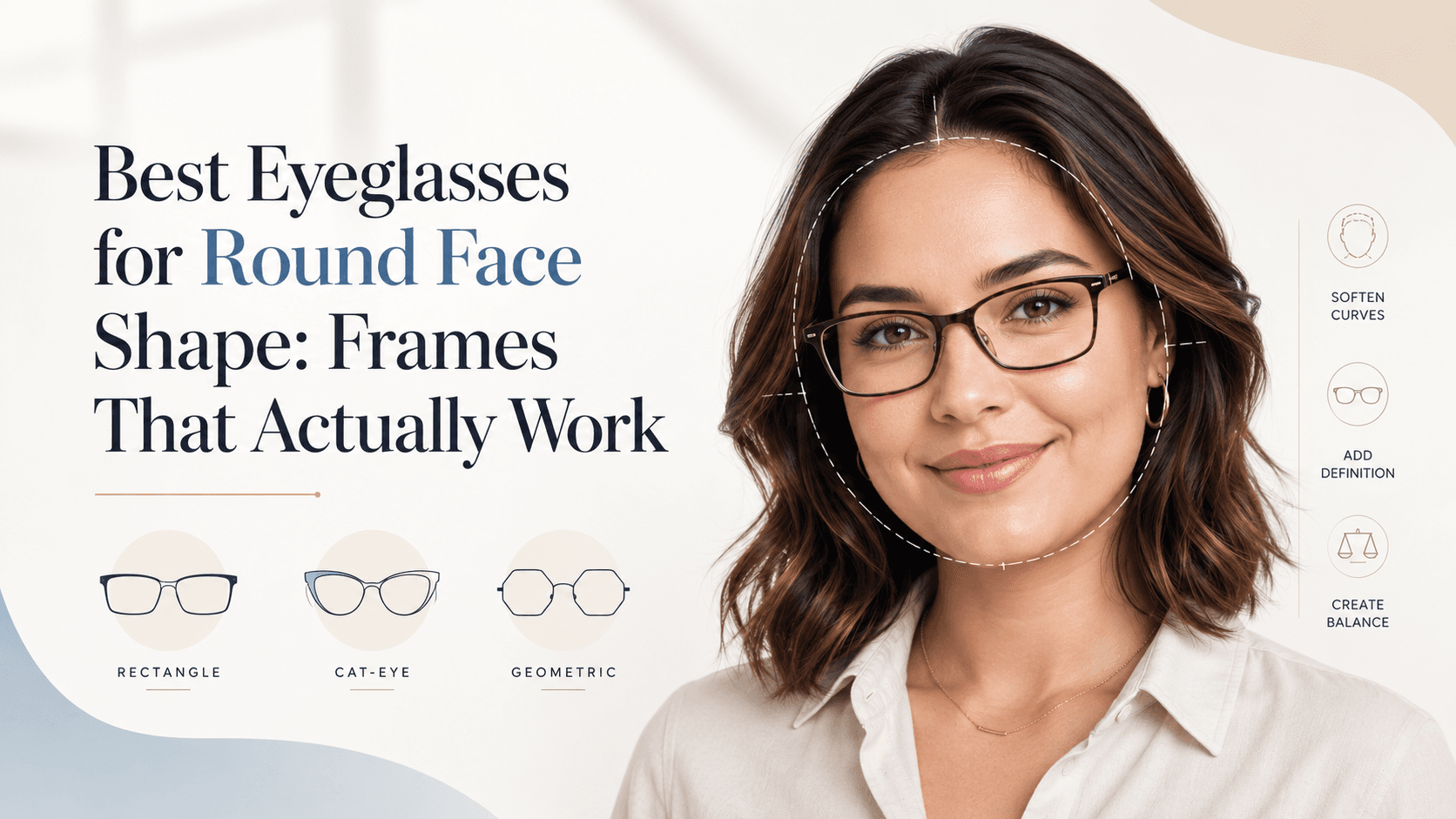 Selection of rectangular and geometric eyeglass frames ideal for round face shapes displayed on a clean white background