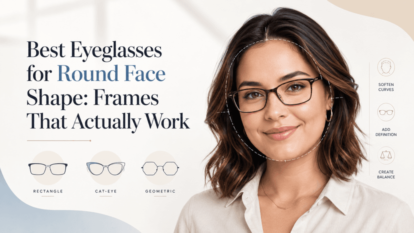 Selection of rectangular and geometric eyeglass frames ideal for round face shapes displayed on a clean white background