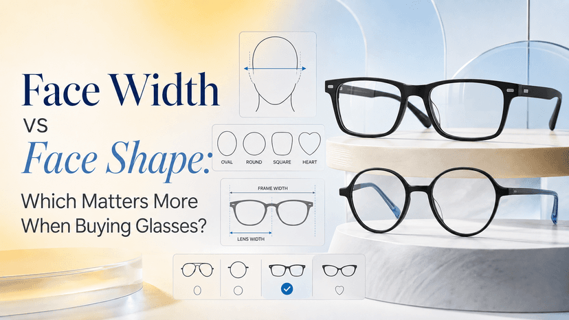 Person measuring face width with a tape measure beside a selection of eyeglass frames in different sizes