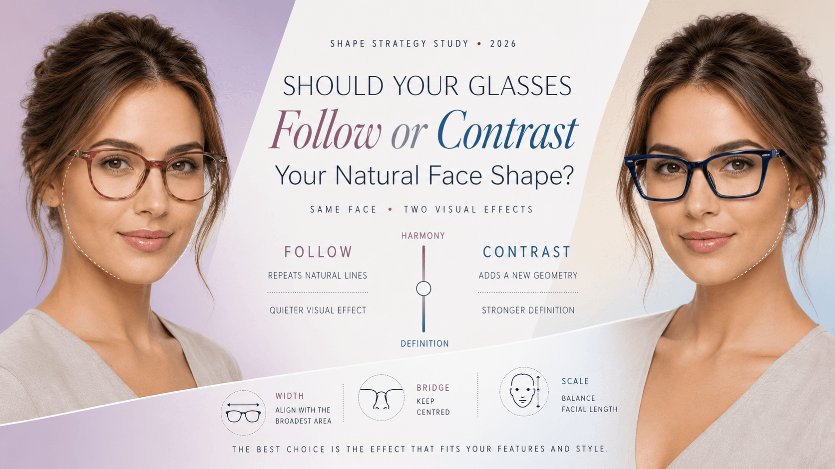 Side-by-side comparison of contrasting and matching frame styles on different face shapes