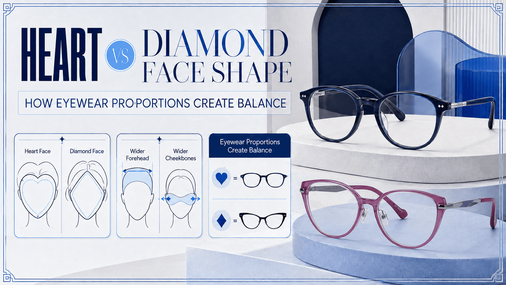 Side-by-side comparison of heart and diamond face shapes with suitable eyeglass frame styles