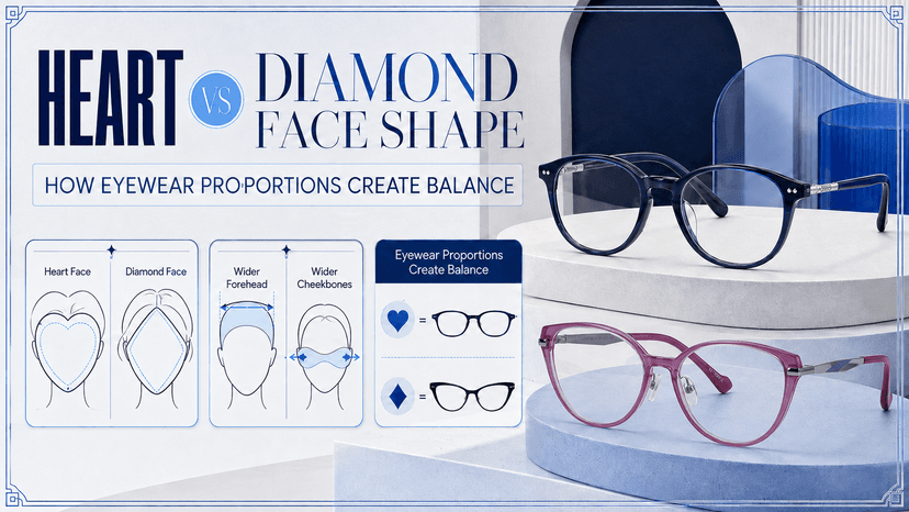 Side-by-side comparison of heart and diamond face shapes with suitable eyeglass frame styles