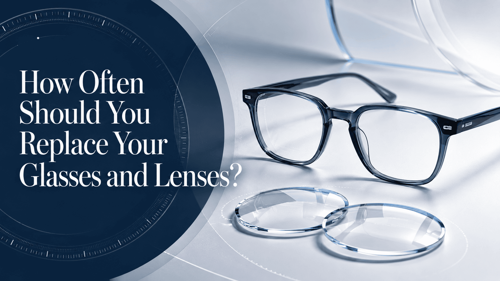 A pair of eyeglasses with visibly scratched lenses resting on an eye test chart, illustrating when glasses need replacement