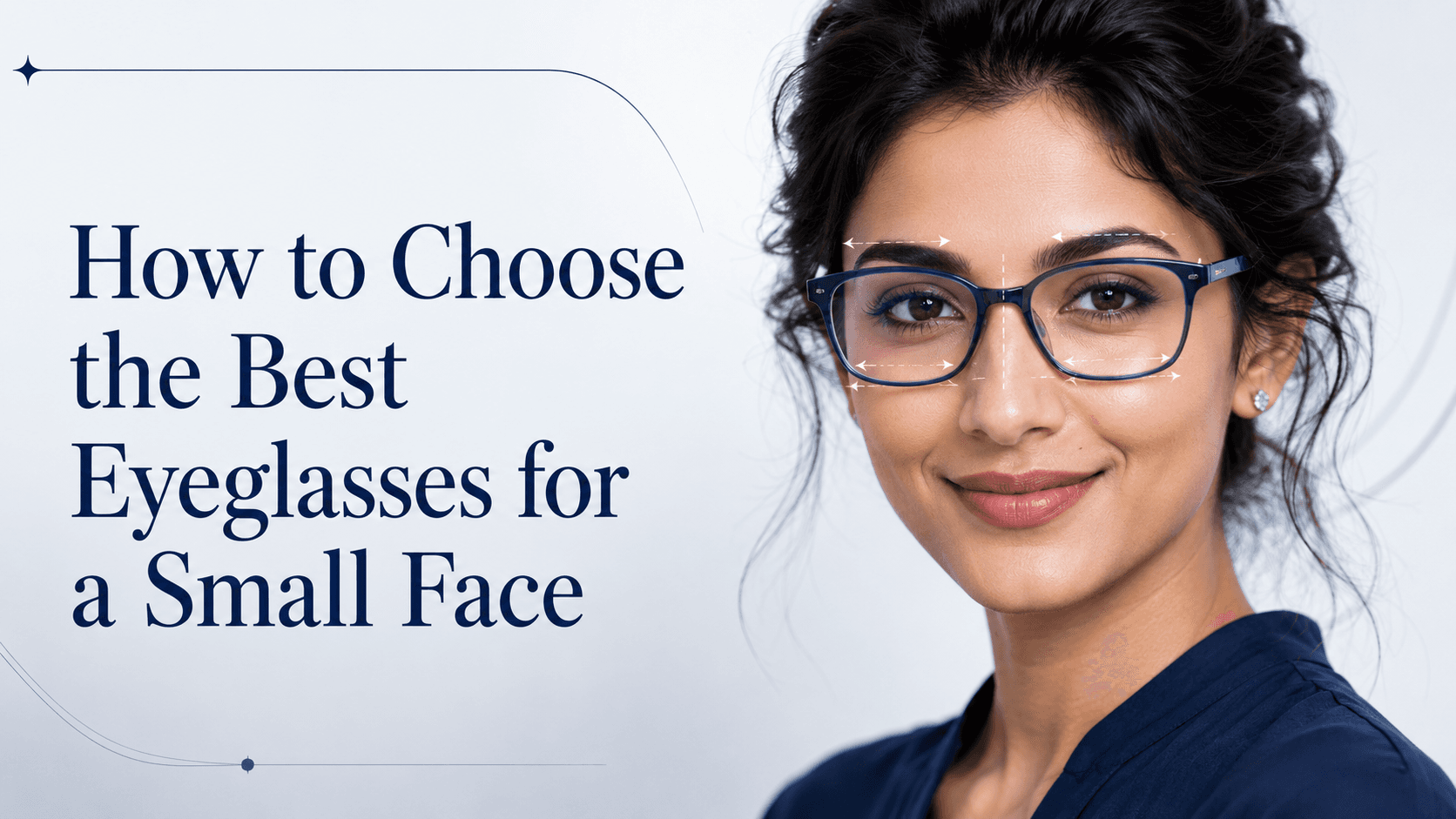 A person with a small face trying on narrow oval eyeglass frames in a bright, minimal setting