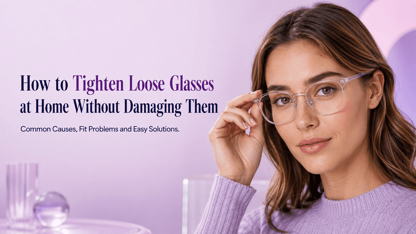 Person carefully tightening the hinge screw on a pair of metal eyeglasses using a precision screwdriver on a white surface