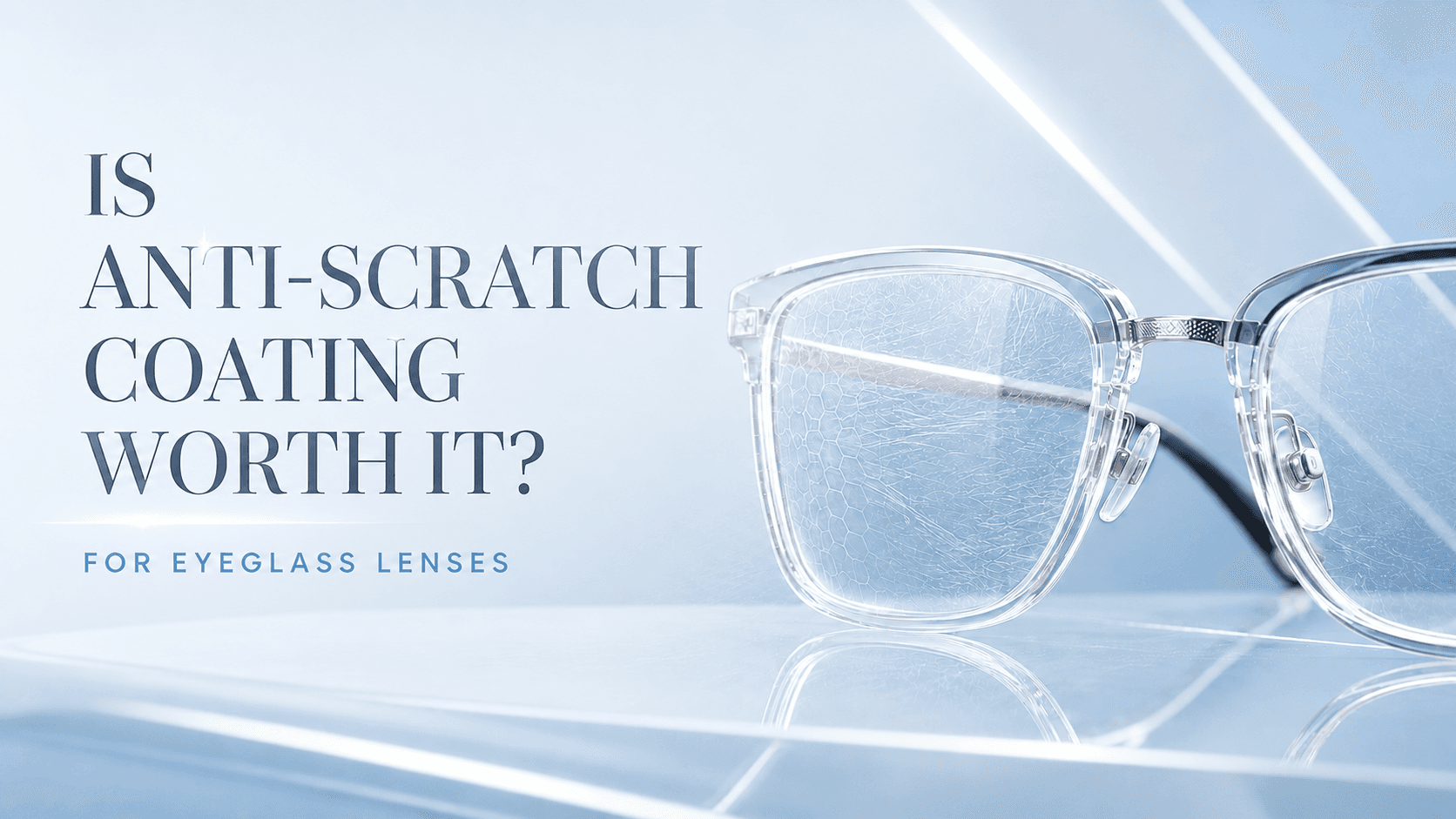Close-up of eyeglass lenses showing anti-scratch coating protection against dust and abrasion