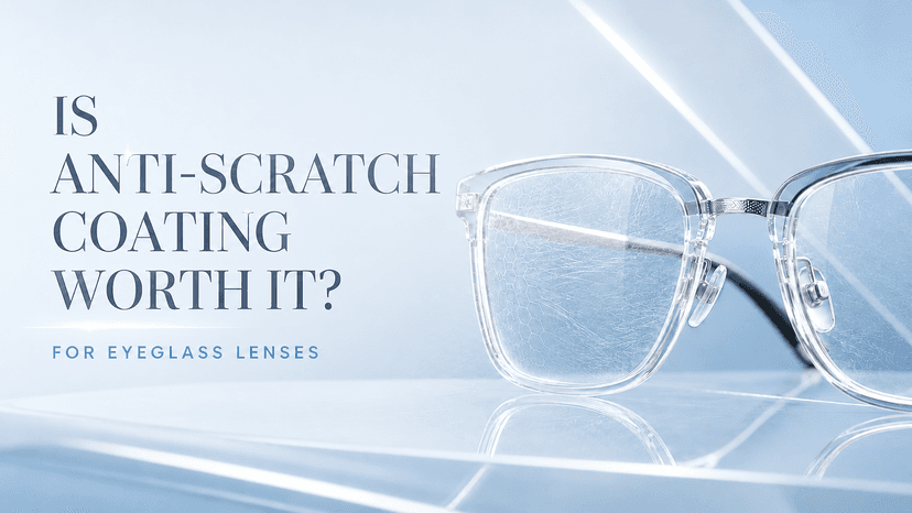 Close-up of eyeglass lenses showing anti-scratch coating protection against dust and abrasion