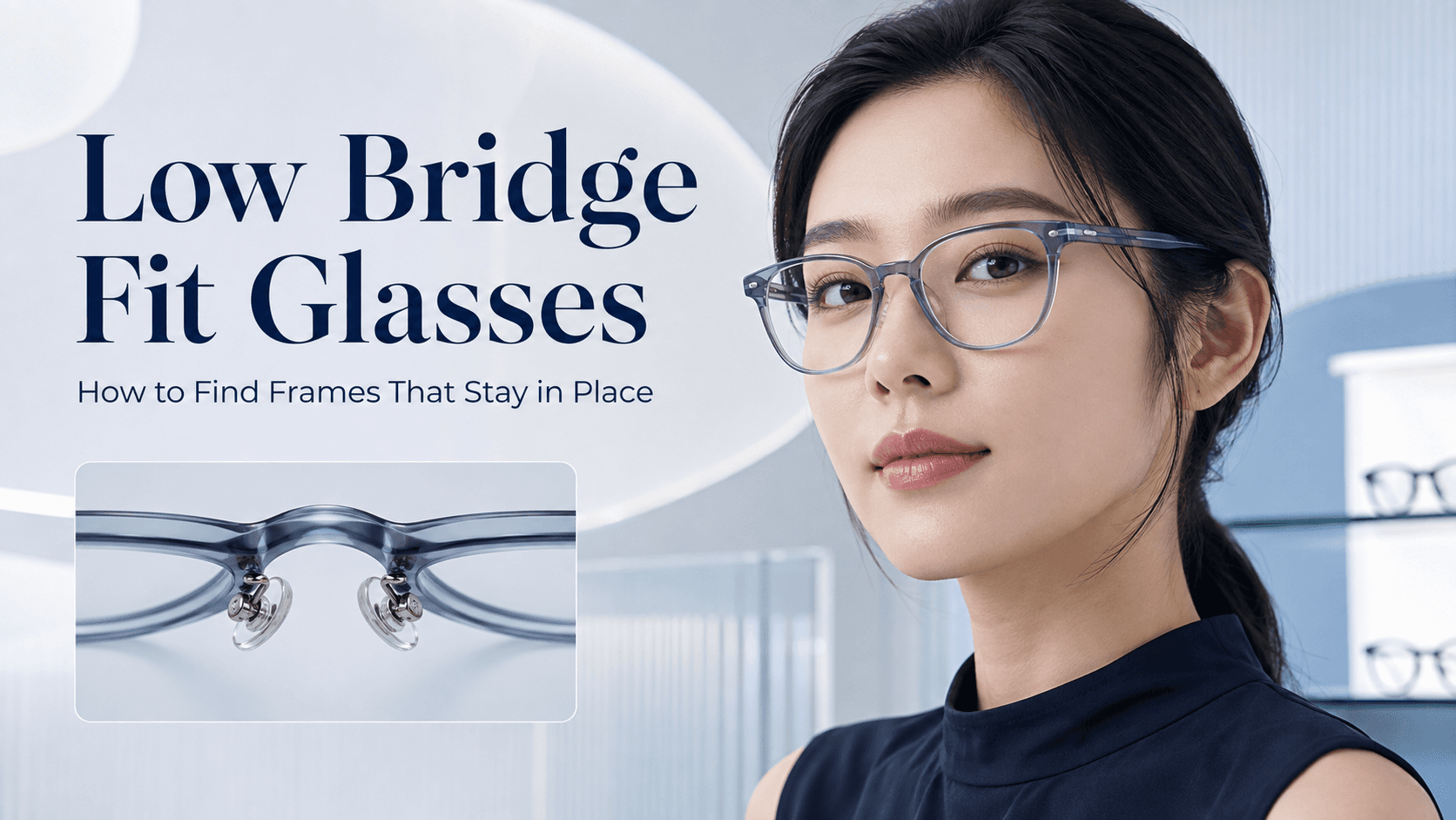 A close-up of low bridge fit eyeglasses resting correctly on a person with a flat nasal bridge and high cheekbones