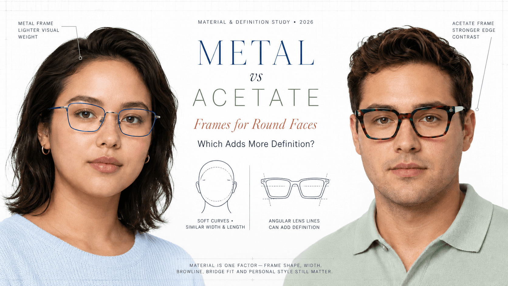 Side-by-side comparison of metal and acetate eyeglass frames on a round face shape