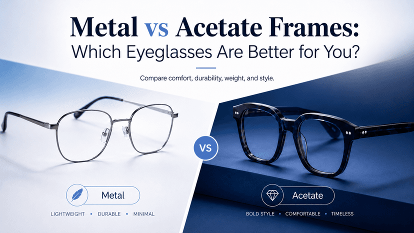 Metal and acetate eyeglass frames placed side by side on a clean neutral background in soft natural light