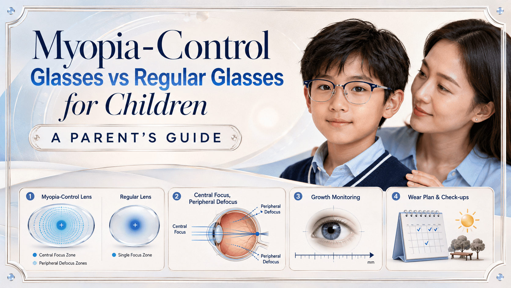 Young Indian child wearing myopia-control glasses while reading, with a parent looking on
