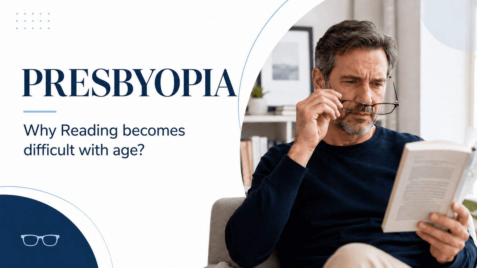 Person over 40 holding a book at arm's length struggling to read due to presbyopia