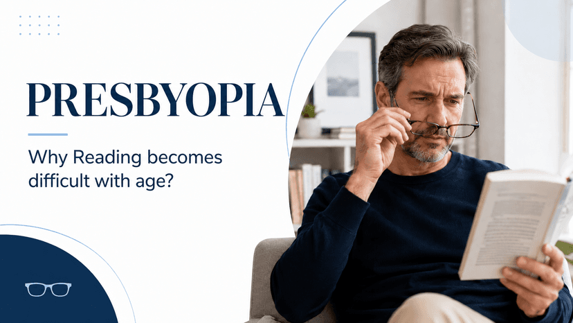 Person over 40 holding a book at arm's length struggling to read due to presbyopia
