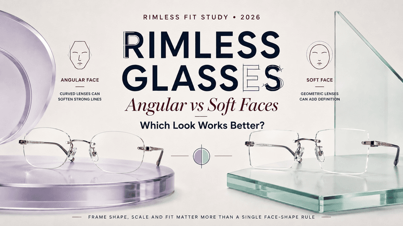 Rimless glasses displayed against a split background showing angular and soft face shape outlines