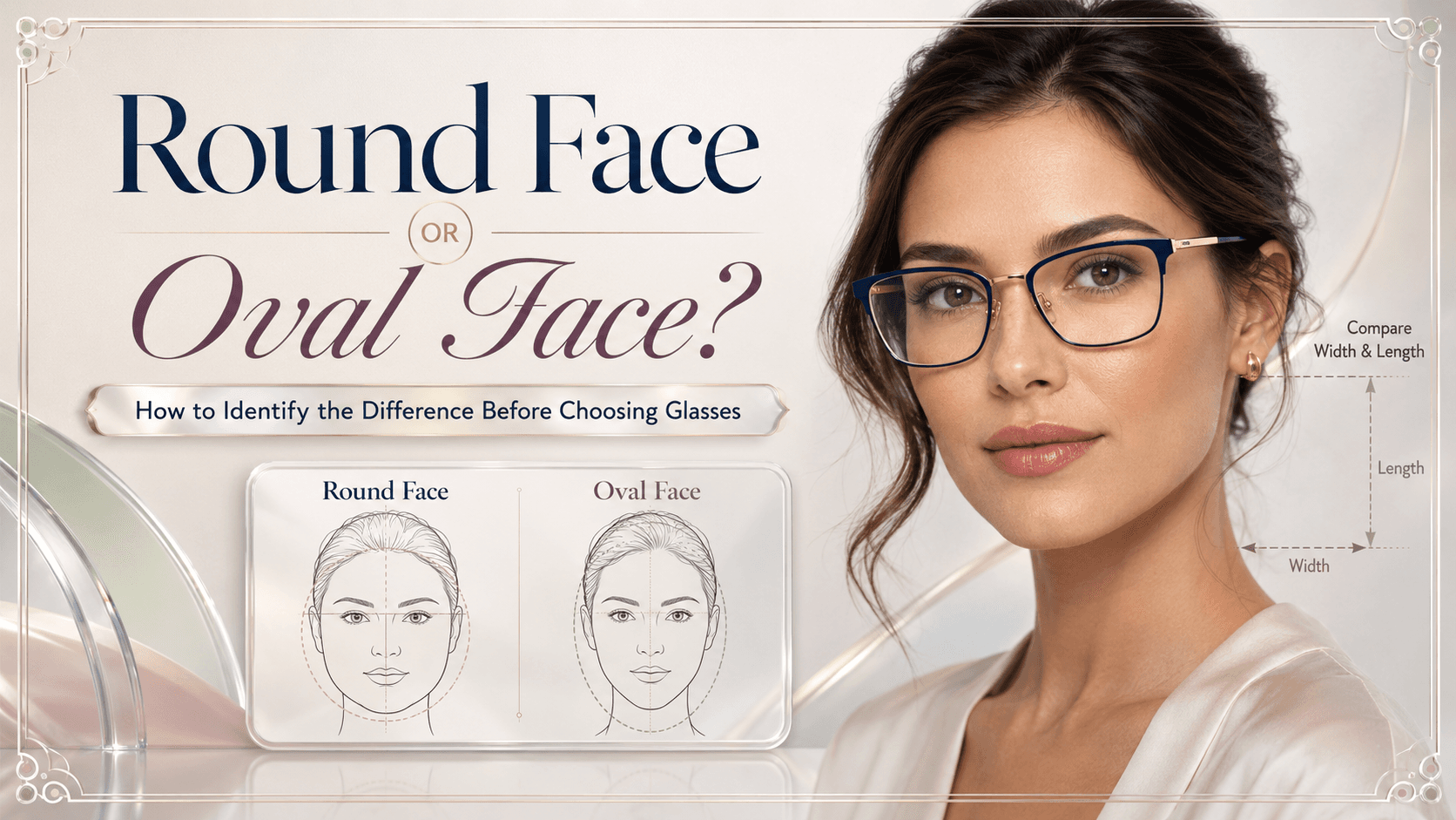 Side-by-side illustration of a round face and an oval face with example eyeglass frames for each shape