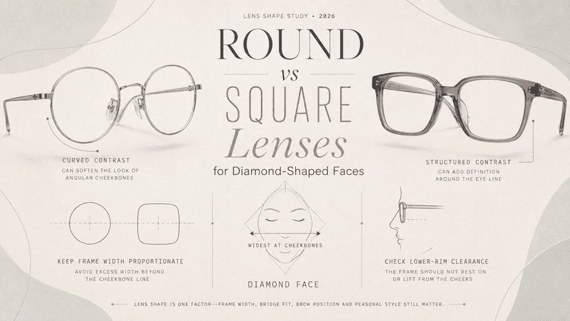 Side-by-side comparison of round and square eyeglass frames on a diamond-shaped face