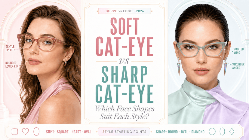 Side-by-side comparison of soft cat-eye and sharp cat-eye eyeglass frames on different face shapes
