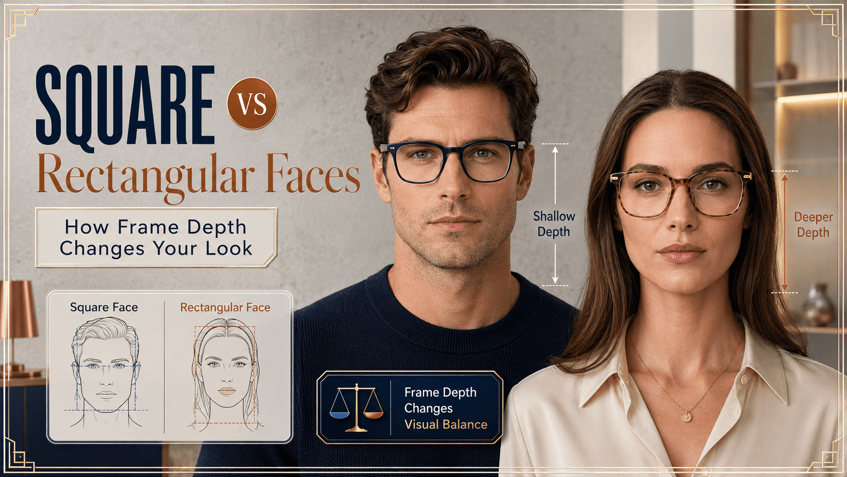 Side-by-side comparison of deep and shallow eyeglass frames on square and rectangular face shapes