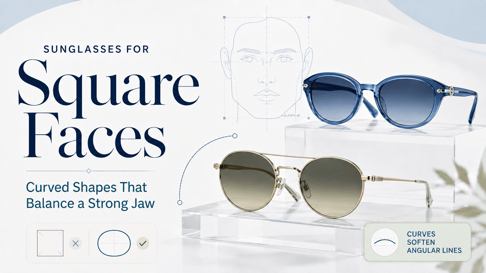 Person with a square face wearing round curved sunglasses that balance a strong jawline