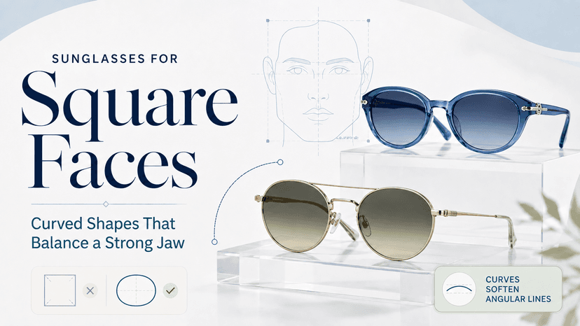 Person with a square face wearing round curved sunglasses that balance a strong jawline