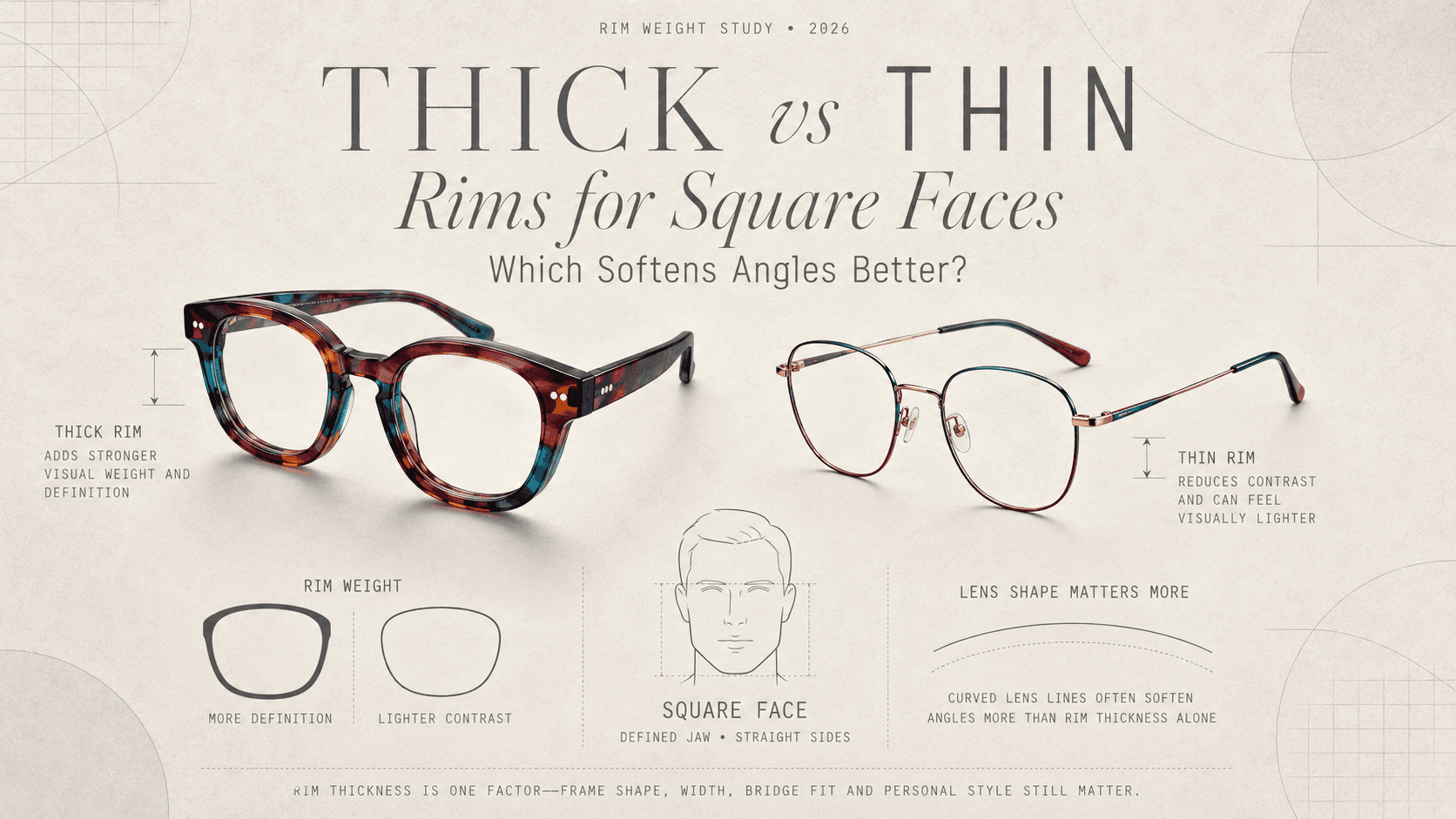 Comparison of thick round frames and thin oval frames on a square face shape to show which softens angles better