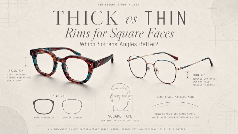 Comparison of thick round frames and thin oval frames on a square face shape to show which softens angles better