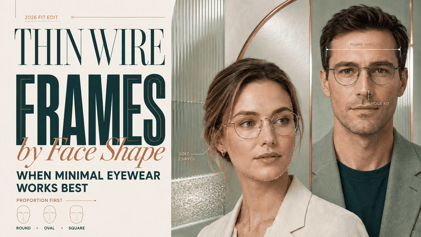 Assorted thin wire eyeglass frames arranged by face shape — round, square, oval, and rectangular styles on a neutral background