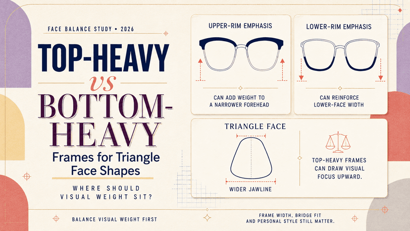 Cat-eye and browline eyeglasses displayed side by side to illustrate top-heavy frame options for triangle face shapes