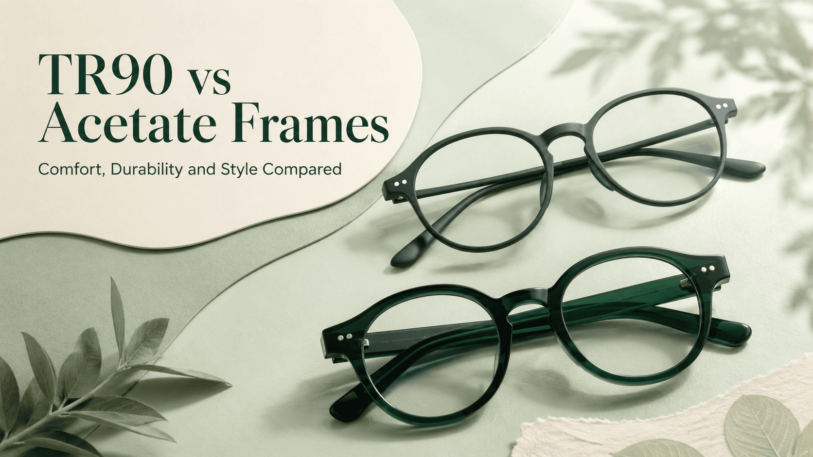 Side-by-side comparison of TR90 and acetate eyeglass frames showing texture and colour differences