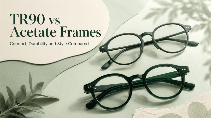 Side-by-side comparison of TR90 and acetate eyeglass frames showing texture and colour differences