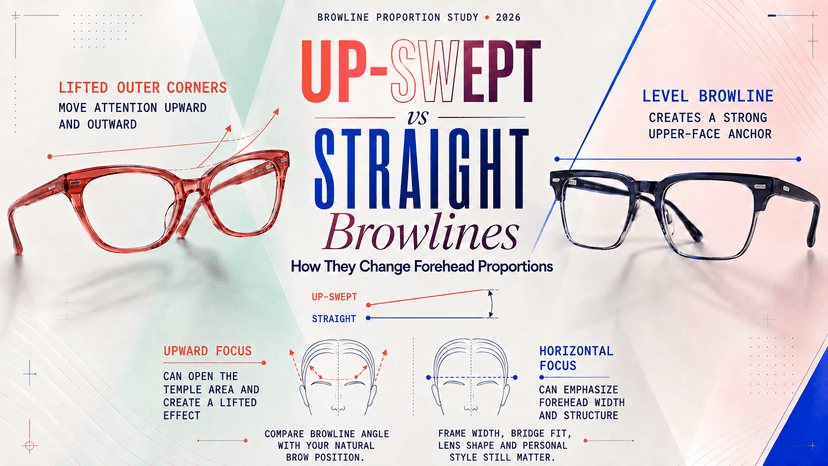 Side-by-side comparison of upswept and straight browline eyeglasses on different face shapes