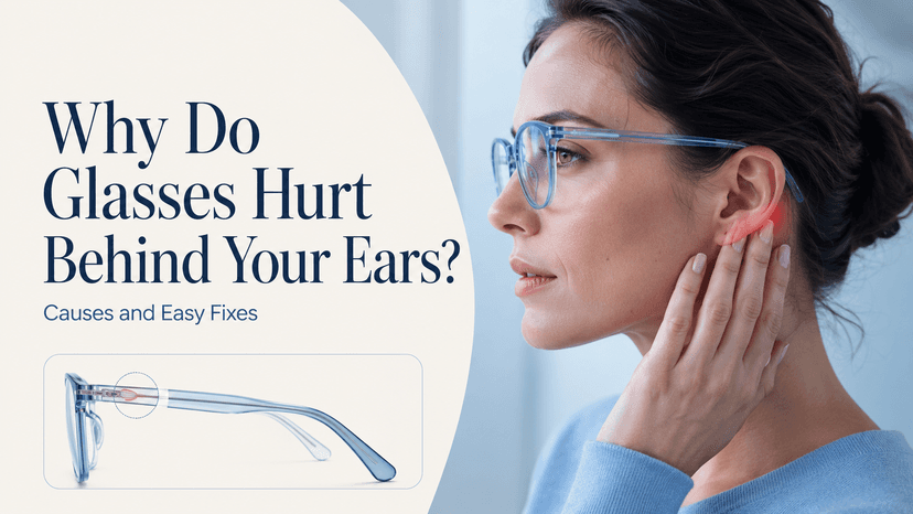 Close-up of eyeglass temple tip resting behind a person's ear, showing correct fit position