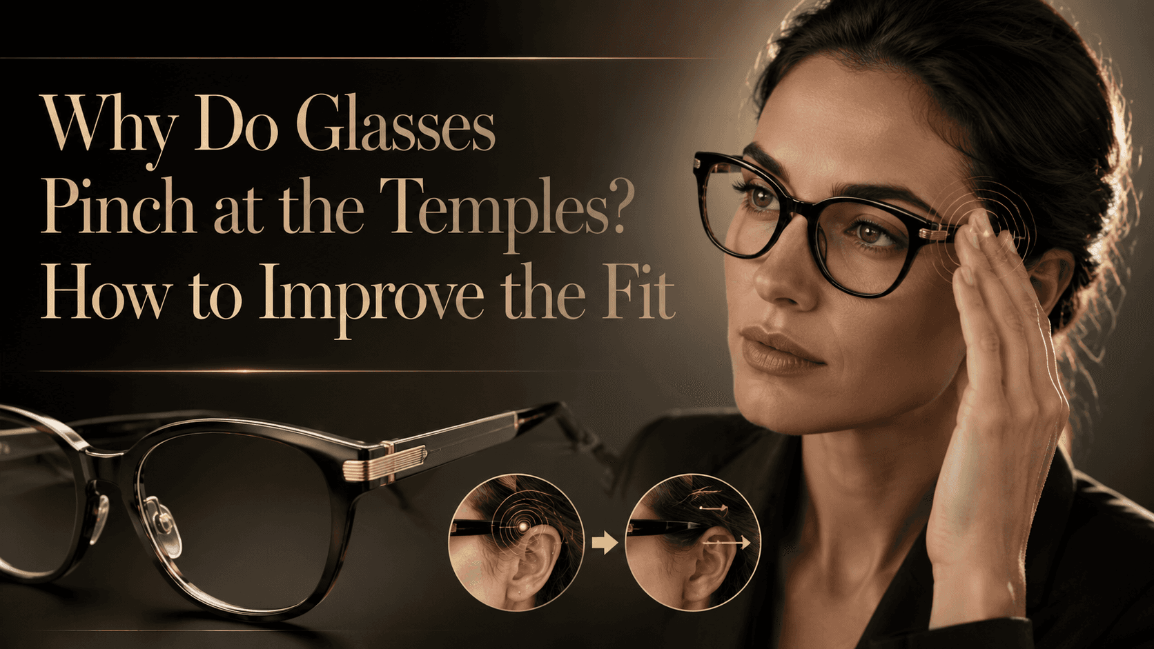 Close-up of eyeglasses temple arm pressing against the side of a person's head, illustrating temple pinching fit issue