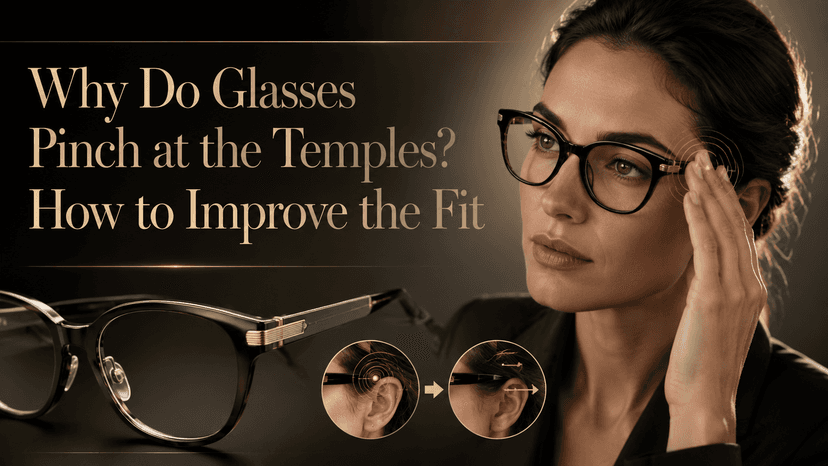 Close-up of eyeglasses temple arm pressing against the side of a person's head, illustrating temple pinching fit issue